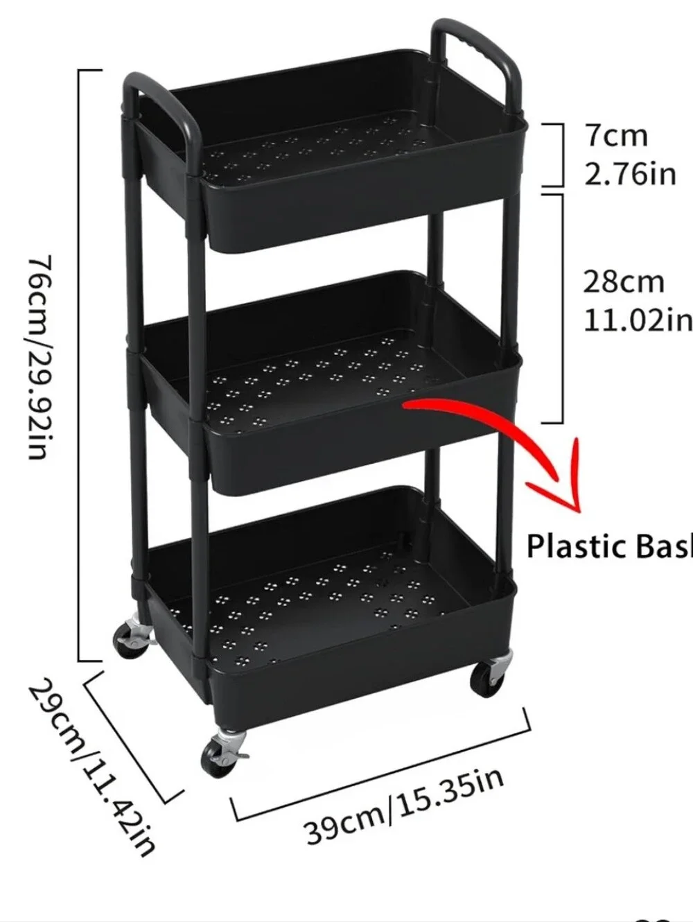 3 Tier Black Kitchen Utility Cart - Rolling Storage Organizer